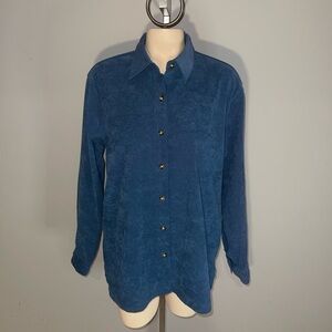 Premier International womans blue faux suede button up shirt top blouse medium